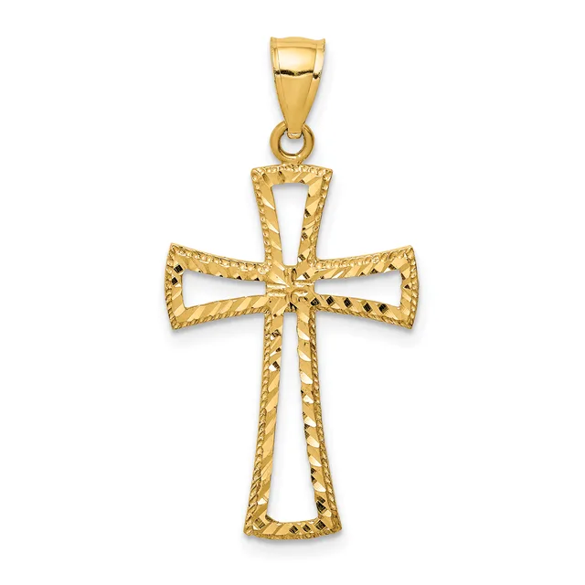 A gold cross pendant with textured edges and open spaces in the arms, shown hanging from a bail against a white background.