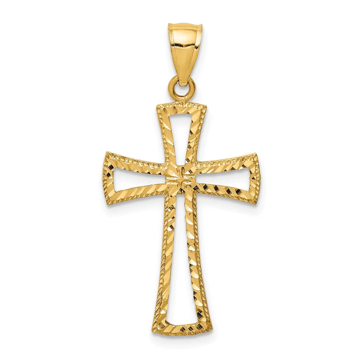 A gold cross pendant with textured edges and open spaces in the arms, shown hanging from a bail against a white background.