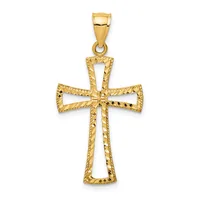 A gold cross pendant with textured edges and open spaces in the arms, shown hanging from a bail against a white background.