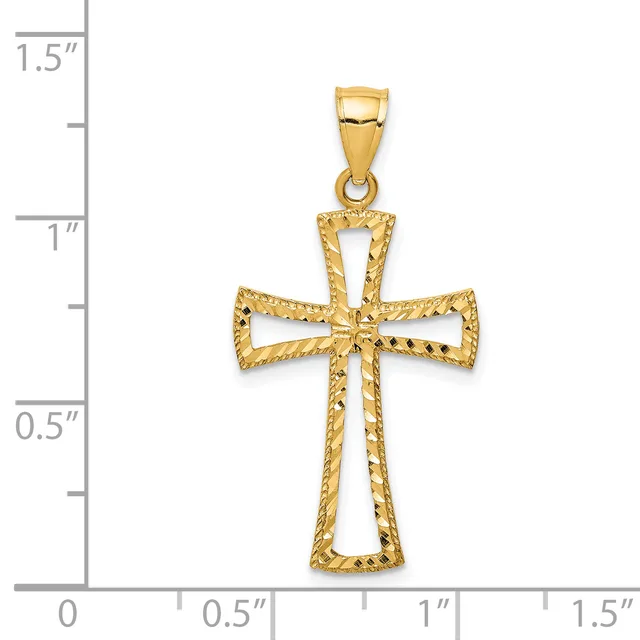 Gold cross pendant with textured surface and cutout design, shown next to a measurement scale indicating approximately one inch in width and height.