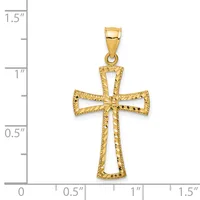 Gold cross pendant with textured surface and cutout design, shown next to a measurement scale indicating approximately one inch in width and height.
