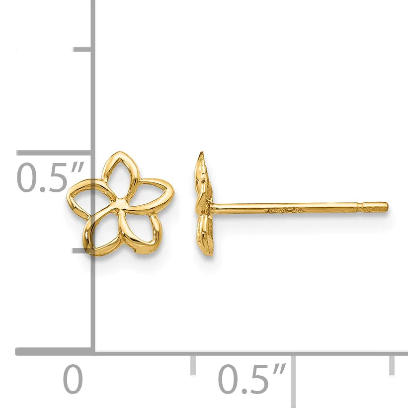 Two gold-colored flower stud earrings shown front and back view with a ruler indicating they are approximately 0.5 inches in size.