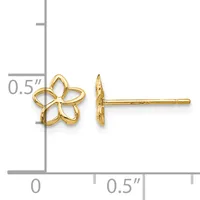 Two gold-colored flower stud earrings shown front and back view with a ruler indicating they are approximately 0.5 inches in size.