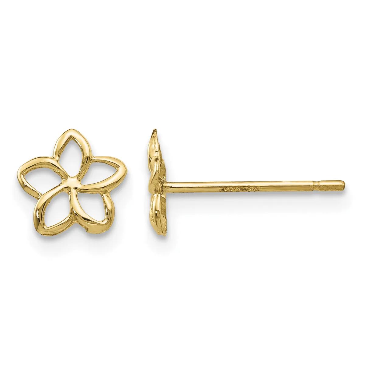 A pair of yellow gold stud earrings featuring open five-petal flower designs, shown from front and side views.