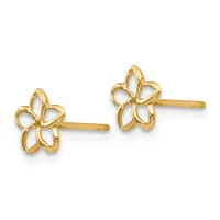Pair of gold flower-shaped stud earrings with open petal designs and straight posts, displayed against a white background.