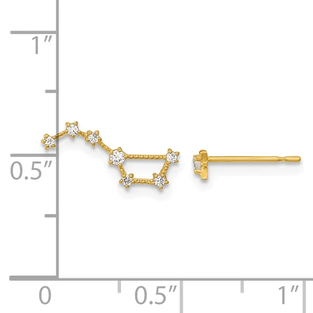 Gold open star outline stud earrings with cubic zirconia accents, shown on a measurement scale indicating approximately 0.5 inches in length.