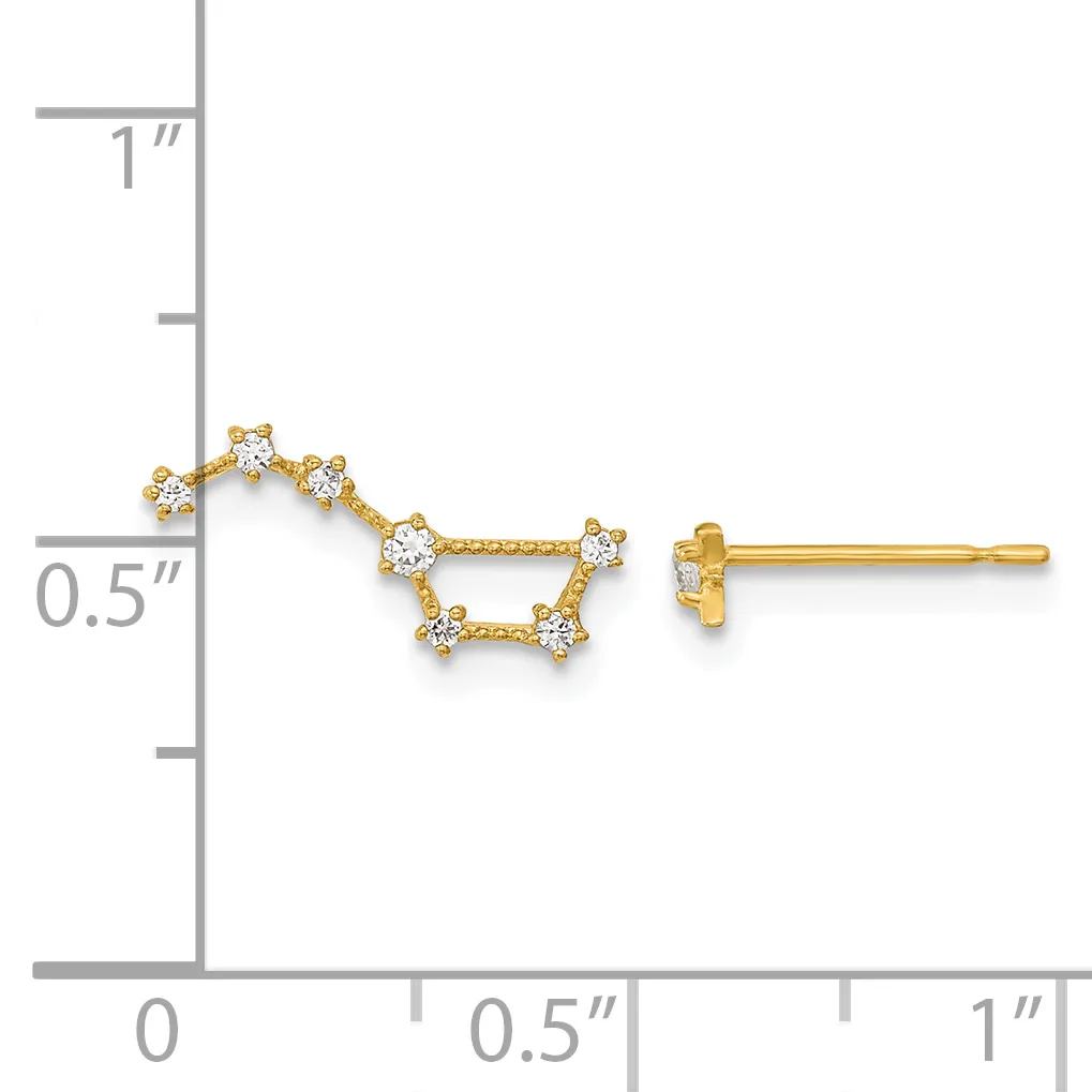 Gold open star outline stud earrings with cubic zirconia accents, shown on a measurement scale indicating approximately 0.5 inches in length.