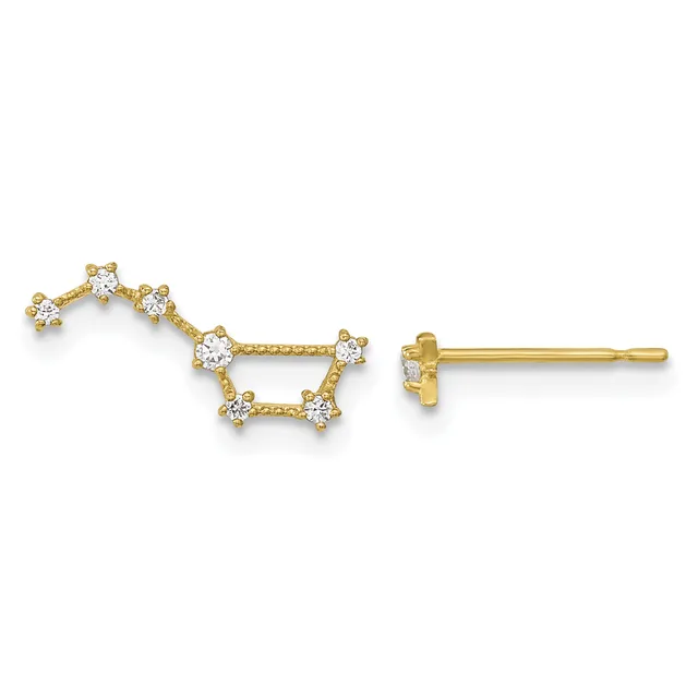 A pair of gold stud earrings shaped like open constellations with cubic zirconia stones at each point, shown from front and side views.