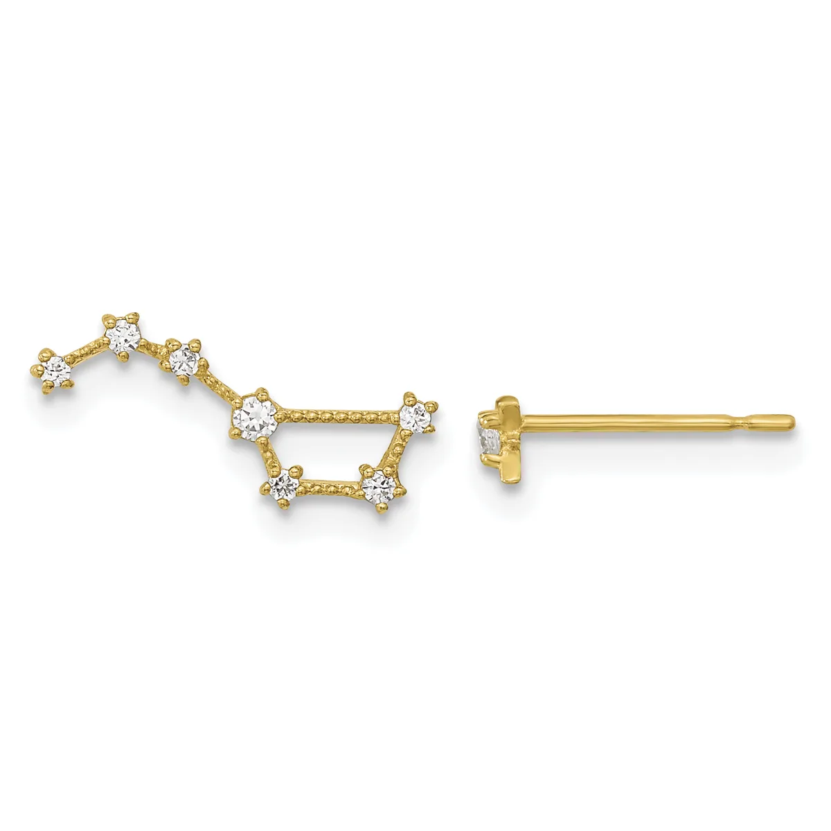 A pair of gold stud earrings shaped like open constellations with cubic zirconia stones at each point, shown from front and side views.