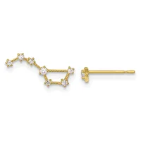 A pair of gold stud earrings shaped like open constellations with cubic zirconia stones at each point, shown from front and side views.