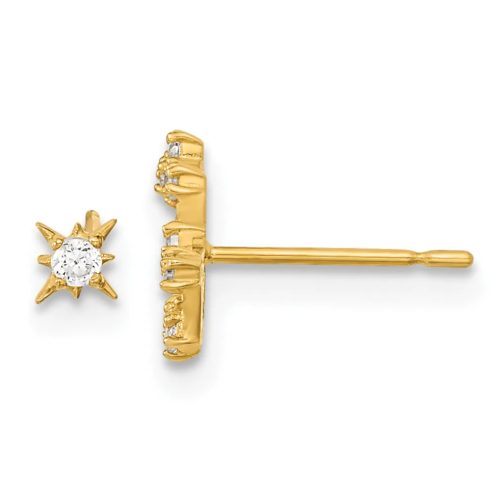 A pair of gold stud earrings with star-shaped settings holding round white stones, shown from the front and back views.