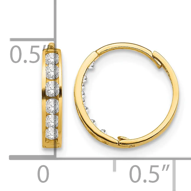 Gold hoop earrings with channel-set round diamonds, shown from front and side views with a measurement scale indicating approximately 0.5 inches in diameter.