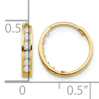 Gold hoop earrings with channel-set round diamonds, shown from front and side views with a measurement scale indicating approximately 0.5 inches in diameter.