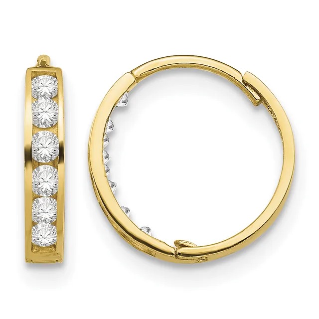 Pair of gold hoop earrings with channel-set round cubic zirconia stones, shown from front and side views.