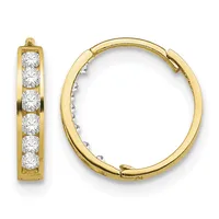 Pair of gold hoop earrings with channel-set round cubic zirconia stones, shown from front and side views.