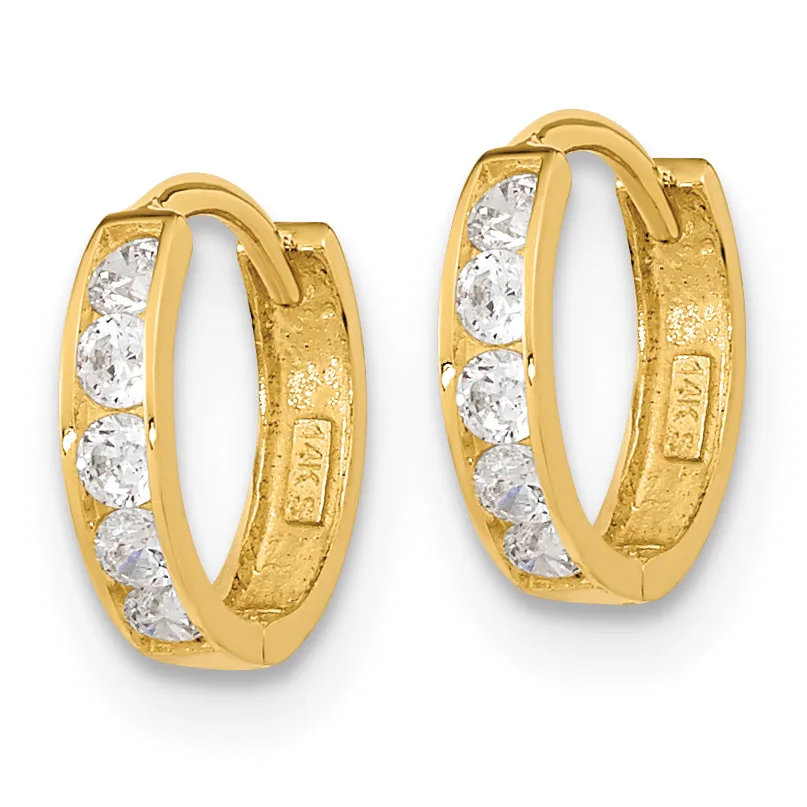 A pair of gold hoop earrings with textured surfaces and channel-set cubic zirconia stones alternating around the front, displayed against a white background.