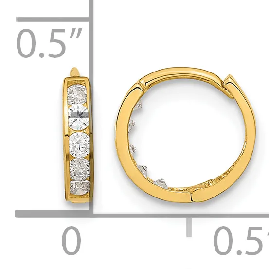 A pair of gold hoop earrings with channel-set cubic zirconia stones, shown from front and side views with a measurement scale indicating 0.5 inch diameter.