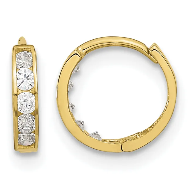 Pair of gold hoop earrings with channel-set round cubic zirconia stones, shown from front and side views.