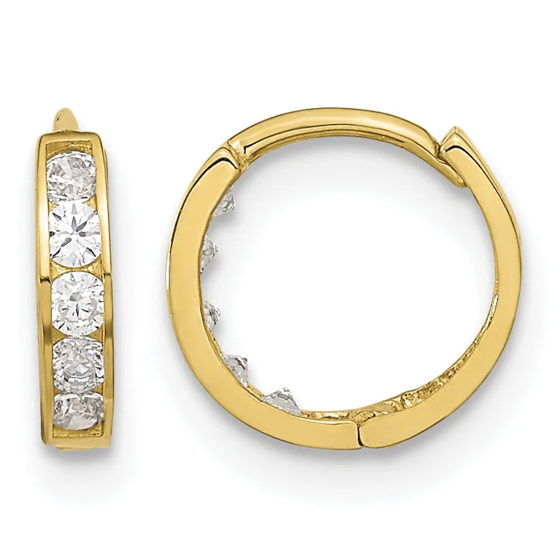 Pair of gold hoop earrings with channel-set round cubic zirconia stones, shown from front and side views.