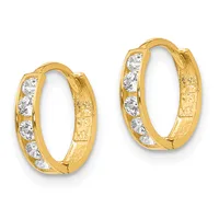 Pair of gold hoop earrings with alternating round cubic zirconia stones and textured gold sections, shown against a white background.