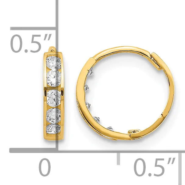 Gold hoop earrings with channel-set cubic zirconia stones, shown from front and side angles with measurement scale indicating 0.5 inch diameter.
