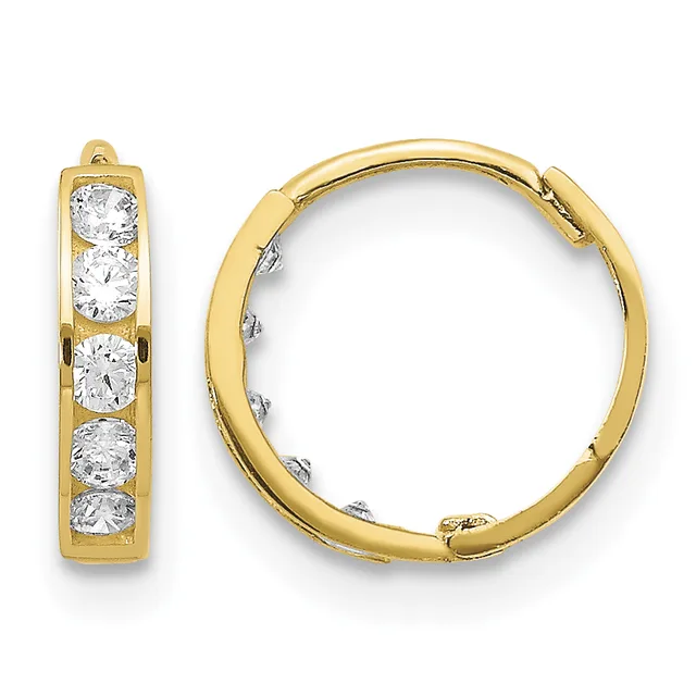 A pair of gold hoop earrings with five round cubic zirconia stones set along the front of each hoop, shown from front and side views.