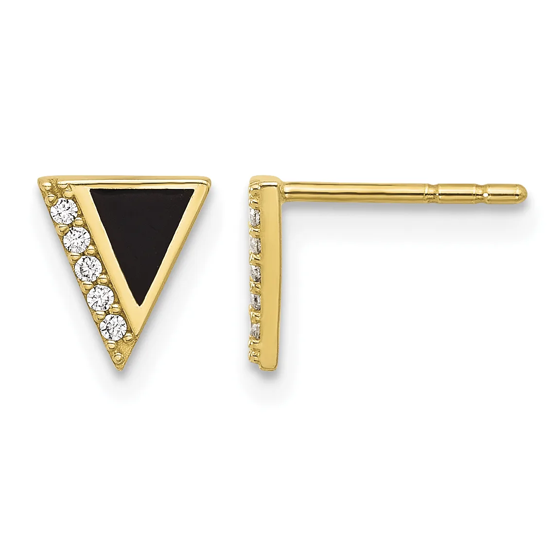 A pair of gold triangle stud earrings with black enamel centers and diamond accents along one edge, shown from front and side views.
