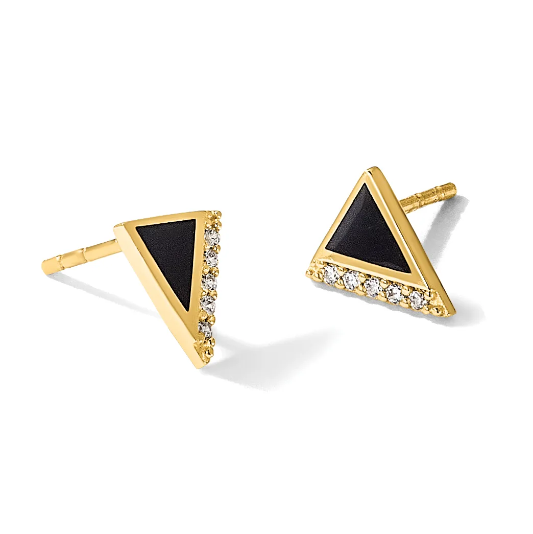 A pair of gold triangle stud earrings with black stone centers and diamond accents along the edges, shown from front and back views.