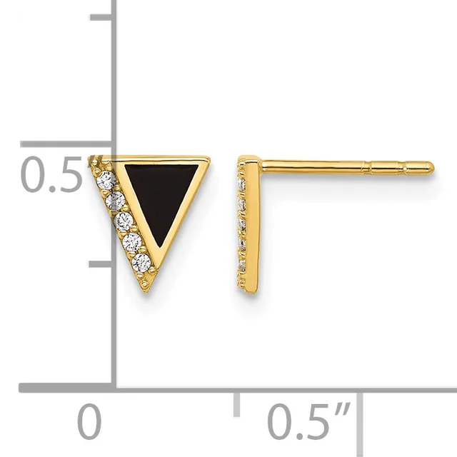 Gold triangle stud earrings with black onyx centers and diamond accents, shown front and side view with measurement scale.