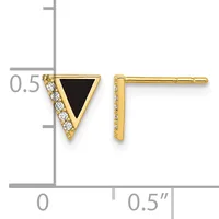 Gold triangle stud earrings with black onyx centers and diamond accents, shown front and side view with measurement scale.