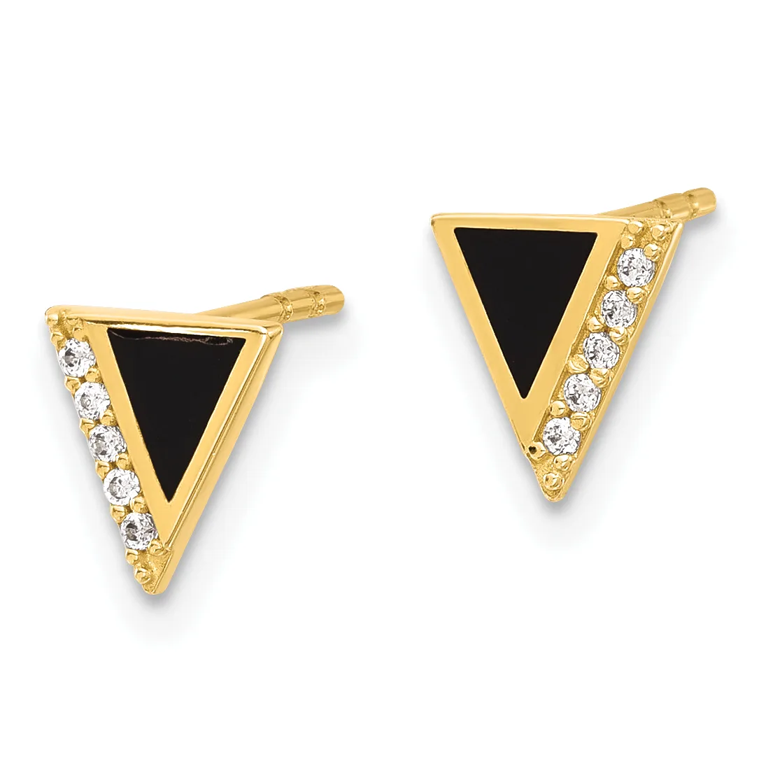 Pair of gold-tone triangular stud earrings with black enamel centers and round cubic zirconia accents along the sides.