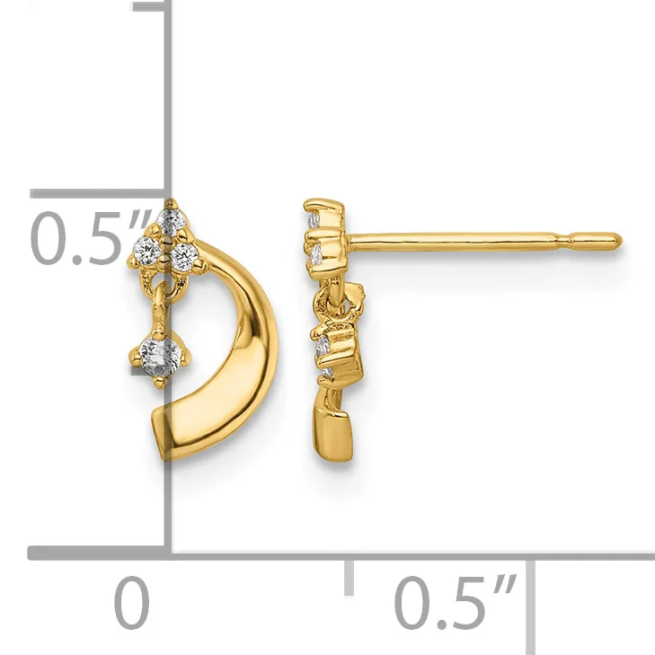 Pair of gold-tone stud earrings with curved crescent shapes and diamond accents, shown front and side view with measurement scale.
