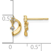 Pair of gold-tone stud earrings with curved crescent shapes and diamond accents, shown front and side view with measurement scale.
