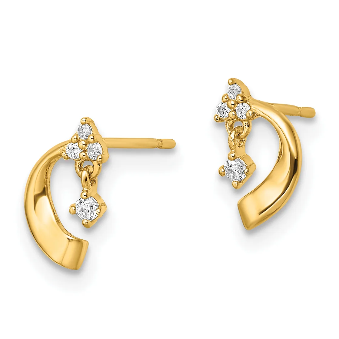 Pair of gold curved earrings with diamond clusters at the top and a single diamond drop, shown from front and side angles.