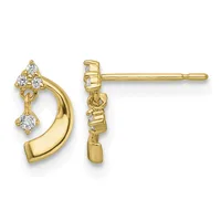 Pair of gold curved stud earrings with diamond clusters at the top and bottom, shown from front and back views.