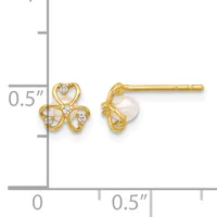 Pair of gold-toned stud earrings with three-looped clover designs set with small diamonds, displayed next to a measurement ruler showing approximately 0.5 inches in height.