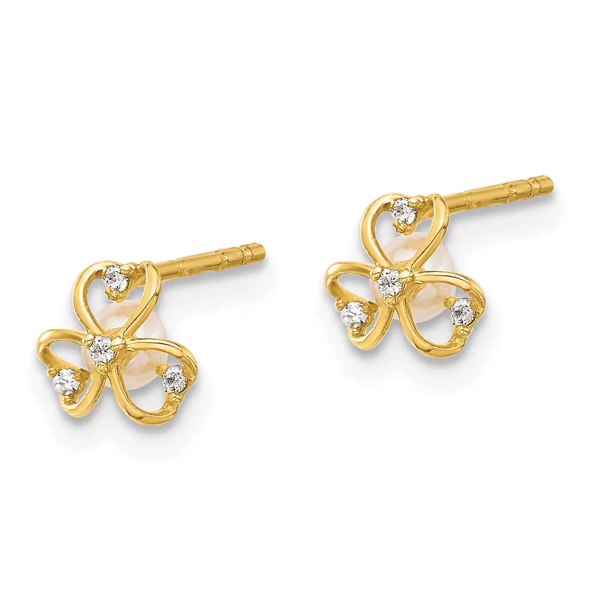 Pair of gold-toned three-leaf clover stud earrings with diamond accents and post backs, shown from the front.