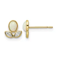 Pair of gold stud earrings featuring oval opal stones on top with two marquise-cut white gemstones below, shown from front and side views.