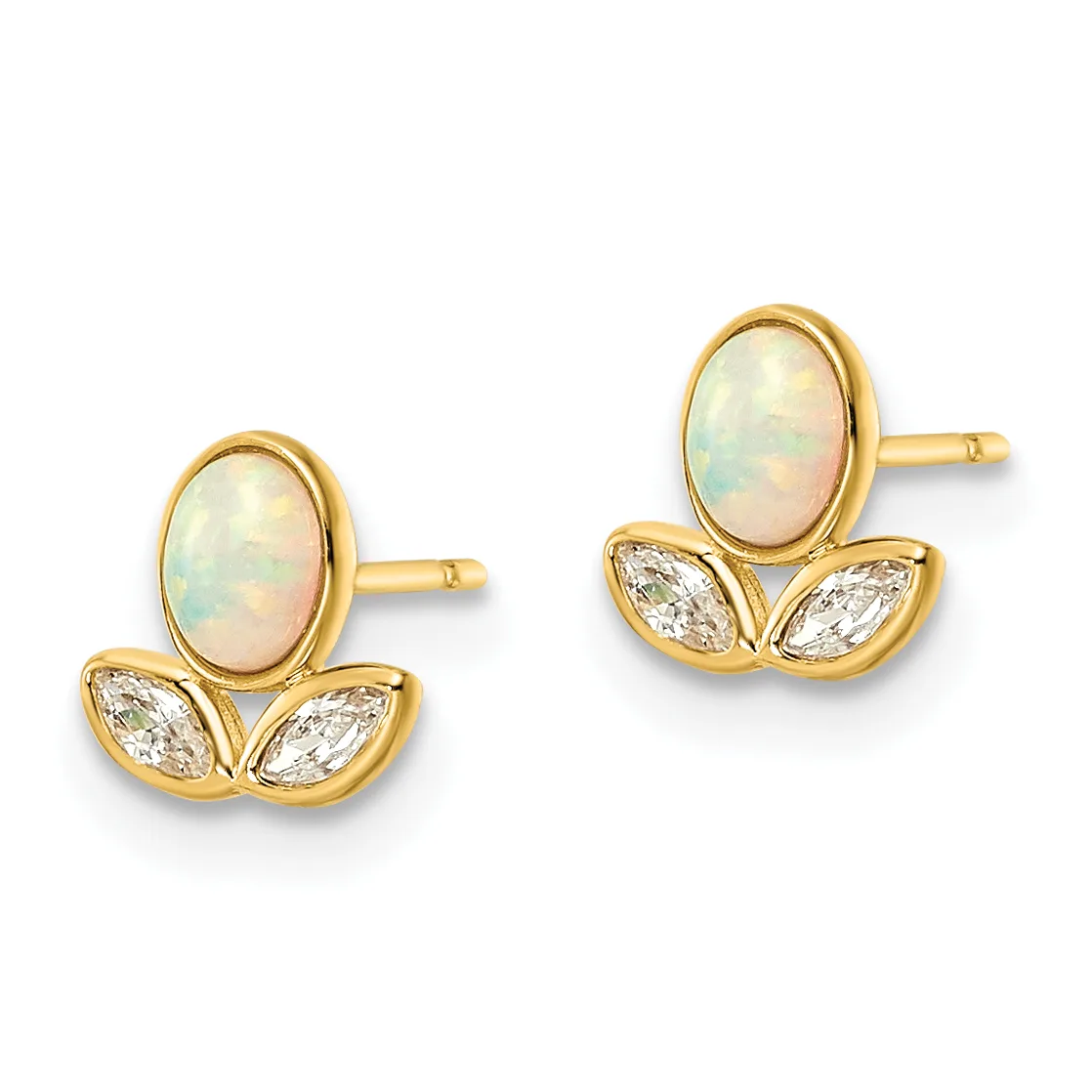 A pair of gold stud earrings featuring oval opal stones at the top and marquise-cut diamond accents below, shown from the front.