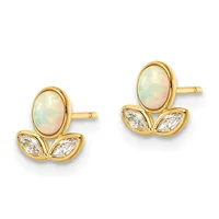 A pair of gold stud earrings featuring oval opal stones at the top and marquise-cut diamond accents below, shown from the front.