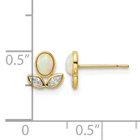 Gold stud earrings with oval opal centers and diamond accents below, displayed on a measurement scale showing approximately 0.5 inches in height.