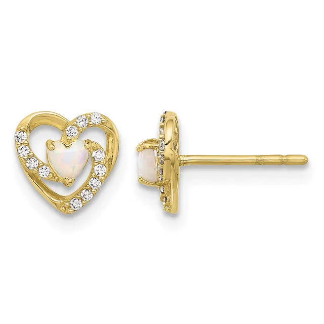 Pair of gold heart-shaped stud earrings with opal centers surrounded by cubic zirconia, shown from front and side views.