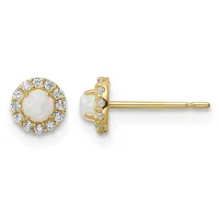 Pair of gold stud earrings with round opal centers surrounded by small diamond halos, shown from front and side views.