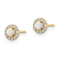 A pair of gold stud earrings, each featuring a round opalescent stone surrounded by a halo of small round diamonds.
