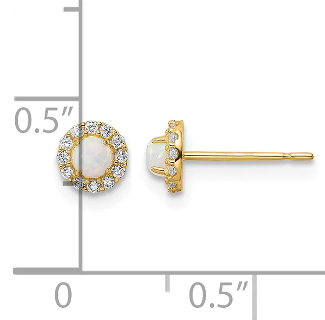 Gold stud earrings with round opalescent centers surrounded by small diamond halos, shown front and side view with a measurement scale indicating approximately 0.5 inches in diameter.