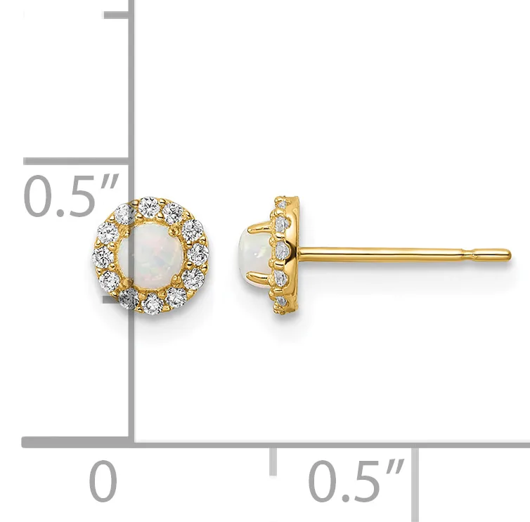 Gold stud earrings with round opalescent centers surrounded by small diamond halos, shown front and side view with a measurement scale indicating approximately 0.5 inches in diameter.