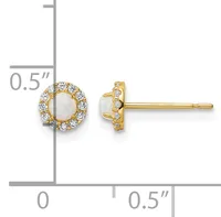 Gold stud earrings with round opalescent centers surrounded by small diamond halos, shown front and side view with a measurement scale indicating approximately 0.5 inches in diameter.