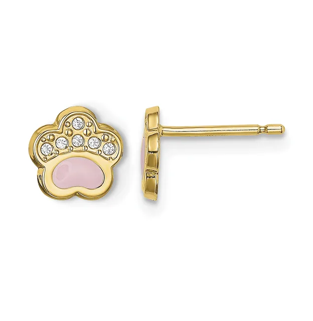 Pair of gold paw-shaped stud earrings with pink stone centers and small rhinestone accents on the top, shown from front and side views.