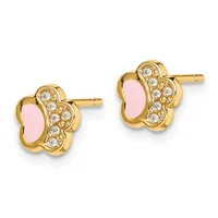 A pair of gold stud earrings with pink oval centers surrounded by circular diamond accents in a clover-like design.