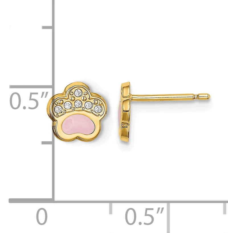 Gold-tone paw print stud earrings with pink stone center and clear crystal accents, shown next to a ruler indicating approximately 0.5 inch size.